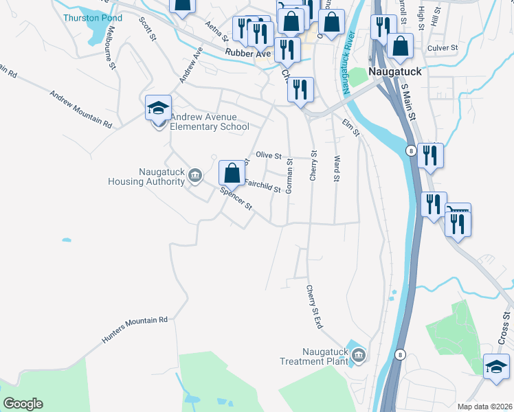 map of restaurants, bars, coffee shops, grocery stores, and more near 125 Spencer Street in Naugatuck