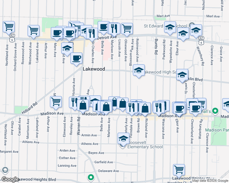 map of restaurants, bars, coffee shops, grocery stores, and more near 1612 Lincoln Avenue in Lakewood