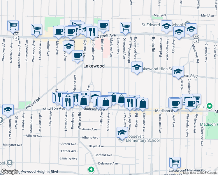 map of restaurants, bars, coffee shops, grocery stores, and more near 1611 Belle Avenue in Lakewood