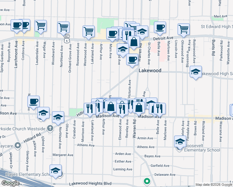 map of restaurants, bars, coffee shops, grocery stores, and more near 1600 Elmwood Avenue in Lakewood