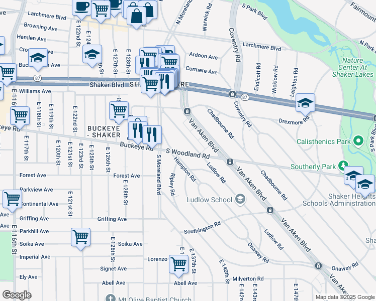 map of restaurants, bars, coffee shops, grocery stores, and more near 13415 South Woodland Road in Cleveland