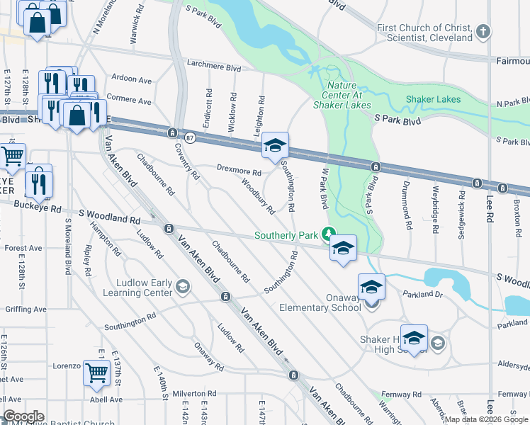 map of restaurants, bars, coffee shops, grocery stores, and more near 2890 Woodbury Road in Shaker Heights