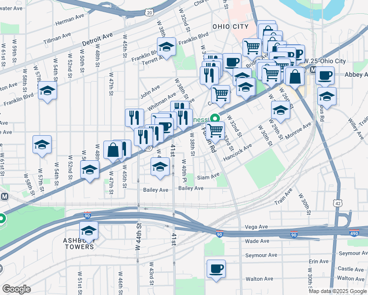 map of restaurants, bars, coffee shops, grocery stores, and more near 2067 West 41st Street in Cleveland