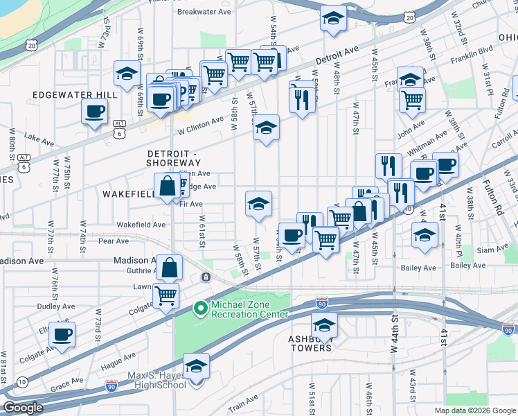 map of restaurants, bars, coffee shops, grocery stores, and more near 5512 Courtland Court in Cleveland