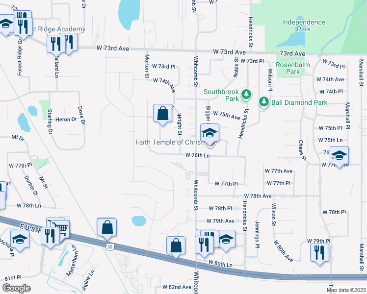 map of restaurants, bars, coffee shops, grocery stores, and more near 7659 Wright Street in Merrillville