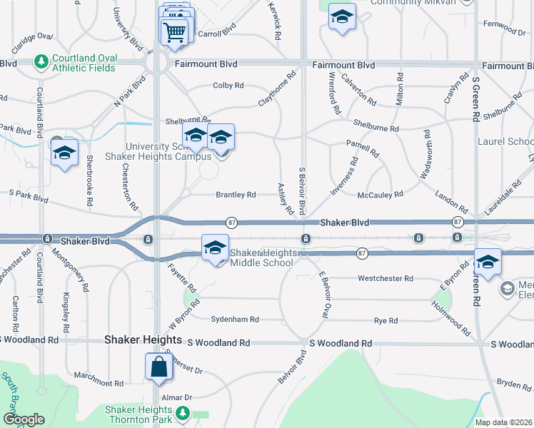 map of restaurants, bars, coffee shops, grocery stores, and more near 21301 Shaker Boulevard in Shaker Heights