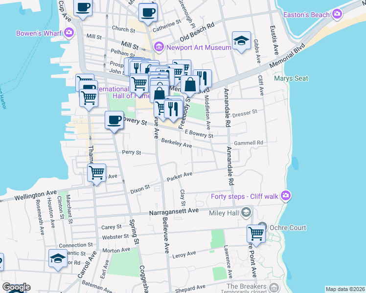 map of restaurants, bars, coffee shops, grocery stores, and more near 27 Berkeley Avenue in Newport