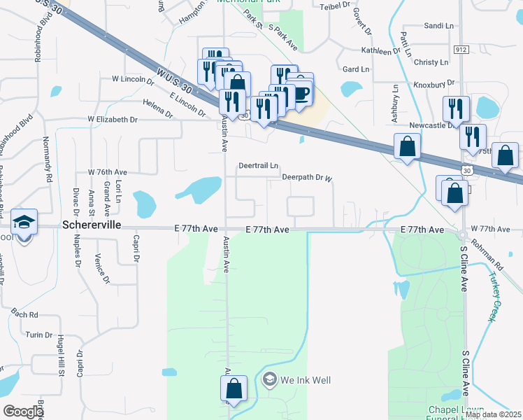 map of restaurants, bars, coffee shops, grocery stores, and more near 2300-2398 Deerpath Drive in Schererville
