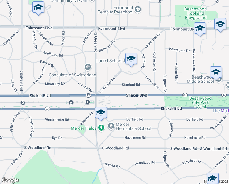 map of restaurants, bars, coffee shops, grocery stores, and more near 23399 Shaker Boulevard in Shaker Heights