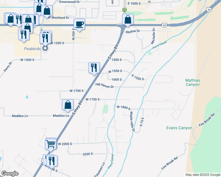 map of restaurants, bars, coffee shops, grocery stores, and more near 127 Hill Haven Drive in Brigham City