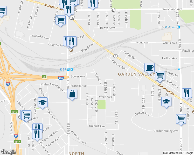 map of restaurants, bars, coffee shops, grocery stores, and more near 6305 Carpenter Avenue in Cleveland
