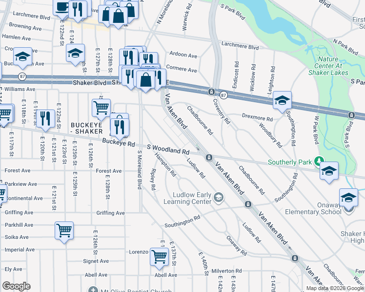 map of restaurants, bars, coffee shops, grocery stores, and more near 2920 Van Aken Boulevard in Cleveland