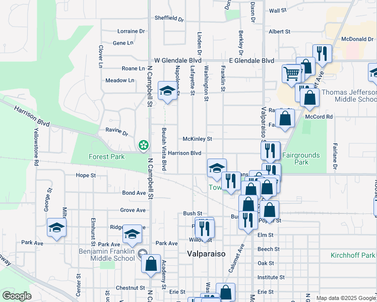 map of restaurants, bars, coffee shops, grocery stores, and more near 154 Harrison Boulevard in Valparaiso