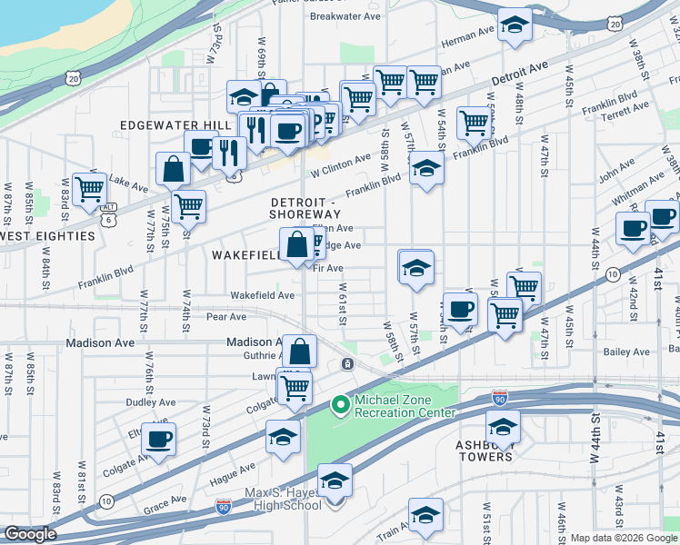 map of restaurants, bars, coffee shops, grocery stores, and more near 6205 Fir Avenue in Cleveland