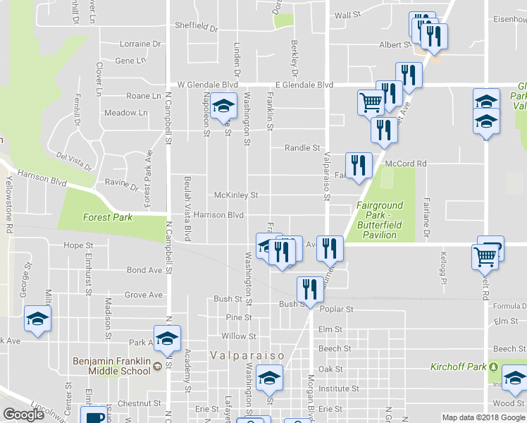 map of restaurants, bars, coffee shops, grocery stores, and more near 5 Harrison Boulevard in Valparaiso