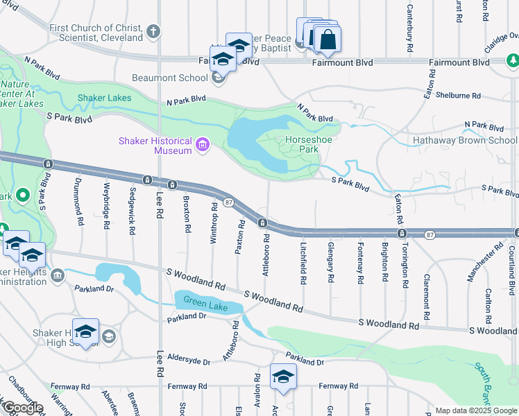 map of restaurants, bars, coffee shops, grocery stores, and more near 17219 Shaker Blvd in Shaker Heights