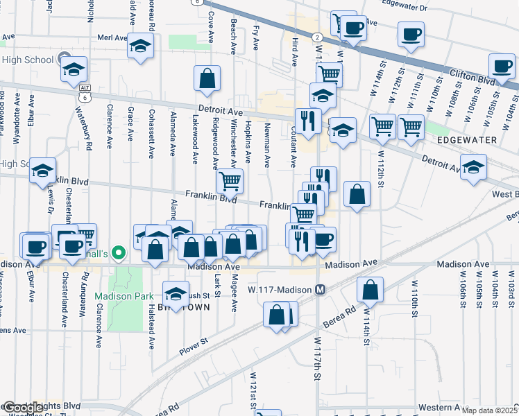 map of restaurants, bars, coffee shops, grocery stores, and more near 11915 Franklin Boulevard in Lakewood