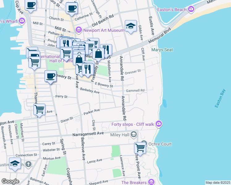map of restaurants, bars, coffee shops, grocery stores, and more near 65 Annandale Road in Newport