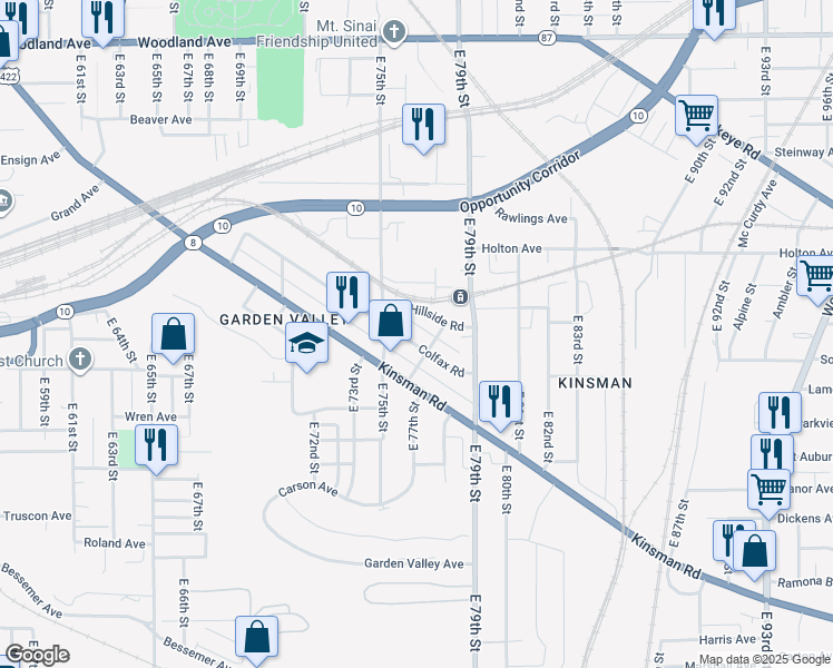map of restaurants, bars, coffee shops, grocery stores, and more near 2918 Minnie Street in Cleveland
