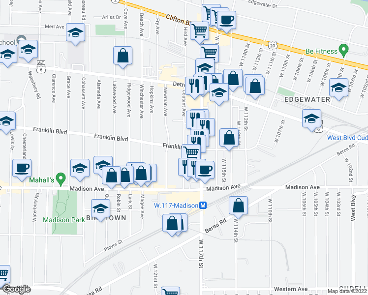 map of restaurants, bars, coffee shops, grocery stores, and more near Coutant Avenue in Lakewood
