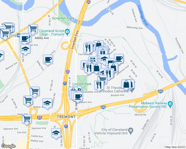 map of restaurants, bars, coffee shops, grocery stores, and more near 1021 Kenilworth Avenue in Cleveland
