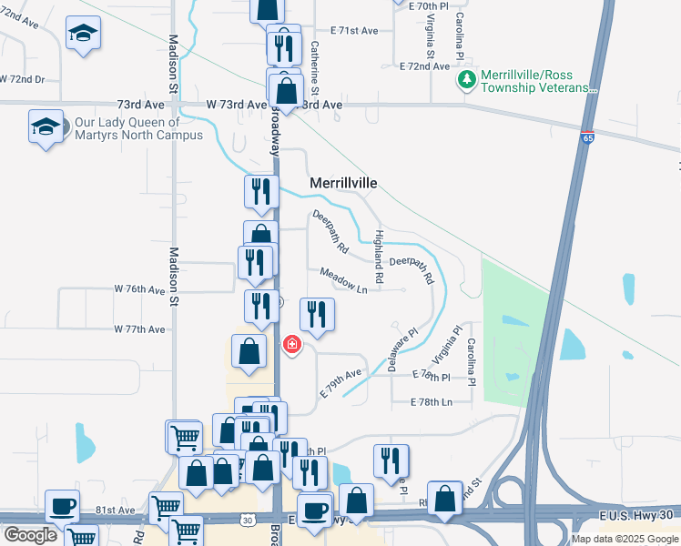 map of restaurants, bars, coffee shops, grocery stores, and more near 7 Meadow Lane in Merrillville