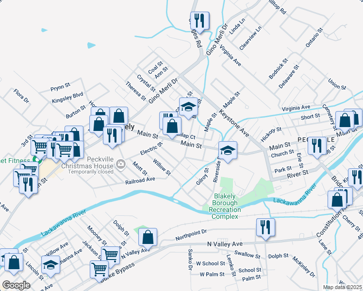 map of restaurants, bars, coffee shops, grocery stores, and more near 1111 Main Street in Blakely
