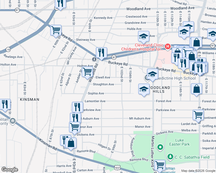 map of restaurants, bars, coffee shops, grocery stores, and more near 9820 Stoughton Ave in Cleveland