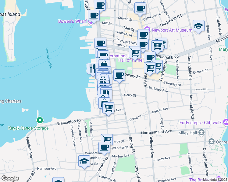 map of restaurants, bars, coffee shops, grocery stores, and more near 33 South Baptist Street in Newport