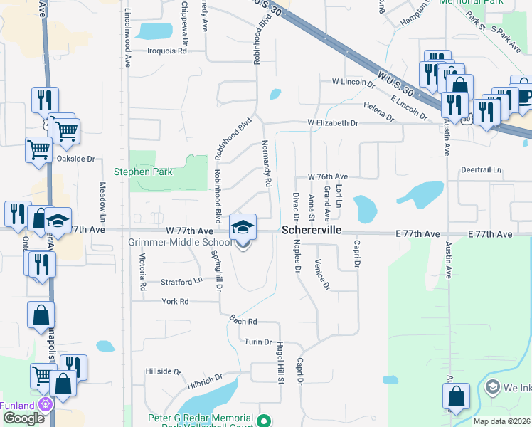 map of restaurants, bars, coffee shops, grocery stores, and more near 308 King Henry Drive in Schererville