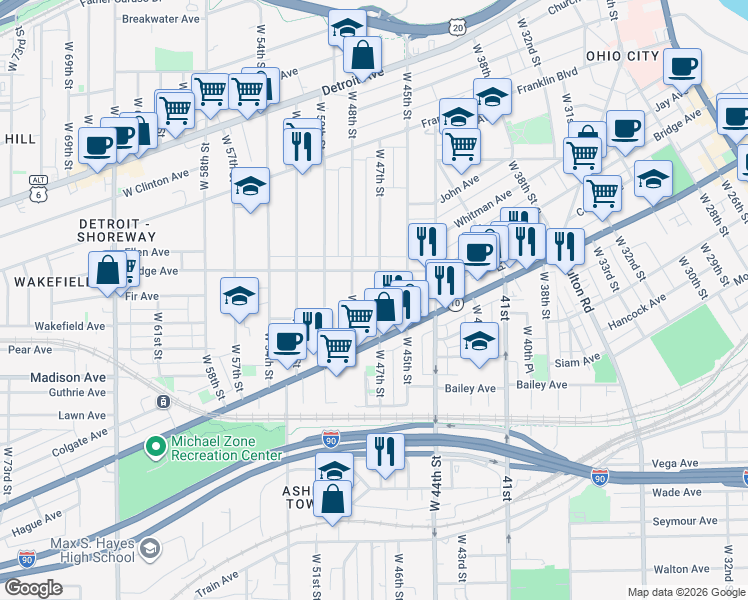 map of restaurants, bars, coffee shops, grocery stores, and more near 1959 West 47th Street in Cleveland