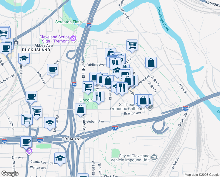 map of restaurants, bars, coffee shops, grocery stores, and more near in Cleveland