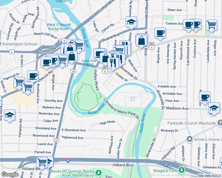 map of restaurants, bars, coffee shops, grocery stores, and more near 1431 Scenic Street in Lakewood