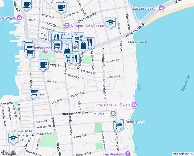 map of restaurants, bars, coffee shops, grocery stores, and more near 52 Berkeley Avenue in Newport