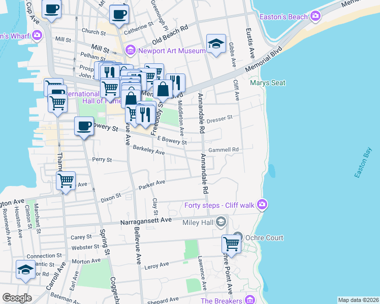 map of restaurants, bars, coffee shops, grocery stores, and more near 52 Berkeley Avenue in Newport
