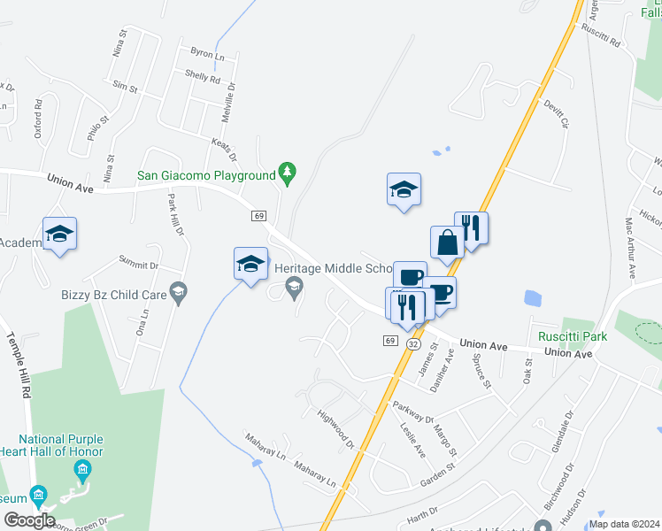 map of restaurants, bars, coffee shops, grocery stores, and more near 364 Union Avenue in New Windsor