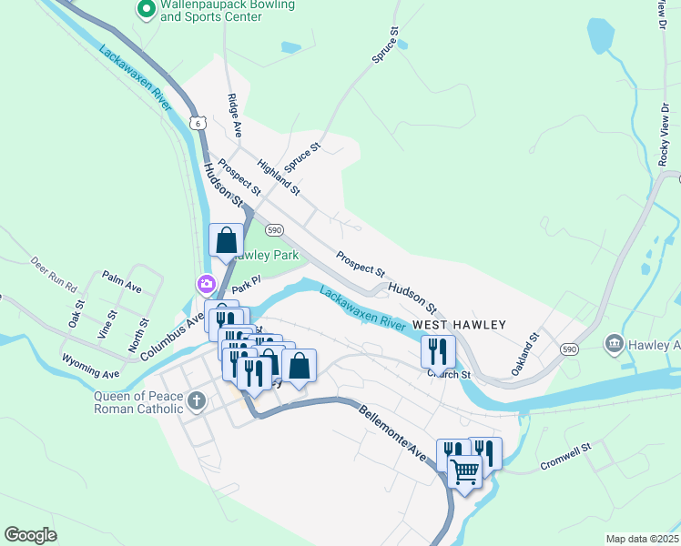 map of restaurants, bars, coffee shops, grocery stores, and more near 521 Hudson Street in Hawley