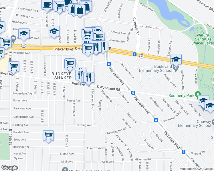 map of restaurants, bars, coffee shops, grocery stores, and more near 13415 South Woodland Road in Cleveland