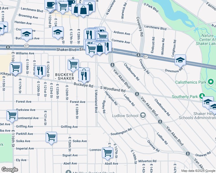 map of restaurants, bars, coffee shops, grocery stores, and more near 2910 Hampton Road in Cleveland