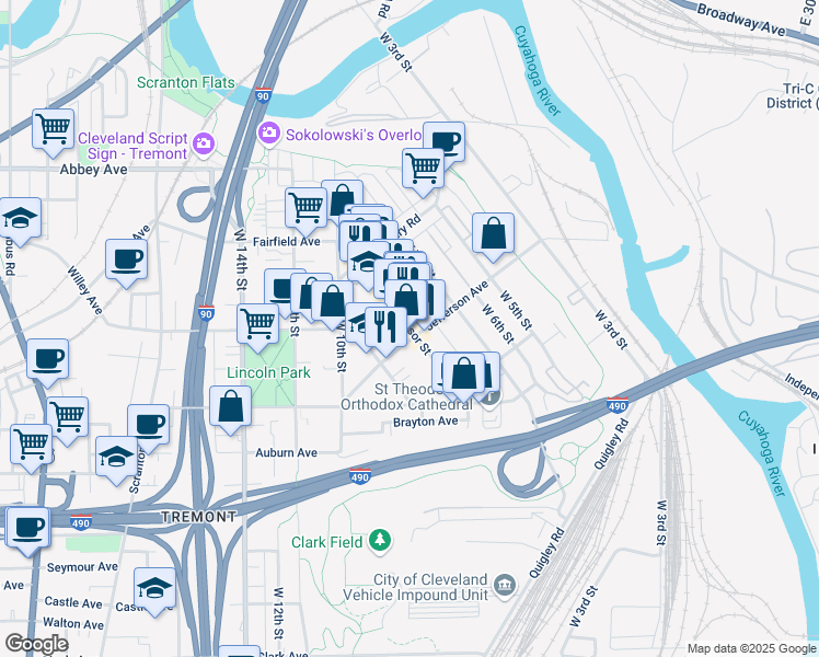 map of restaurants, bars, coffee shops, grocery stores, and more near 846 Jefferson Avenue in Cleveland