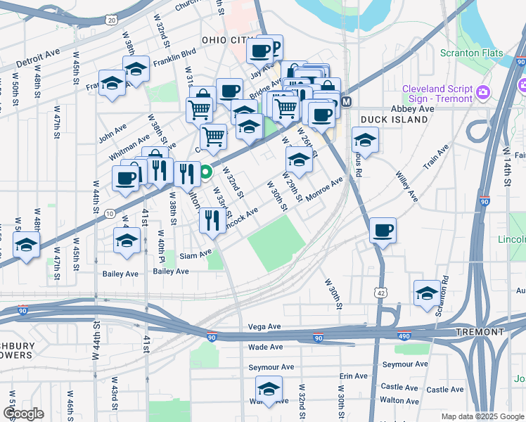 map of restaurants, bars, coffee shops, grocery stores, and more near 2217 West 32nd Street in Cleveland