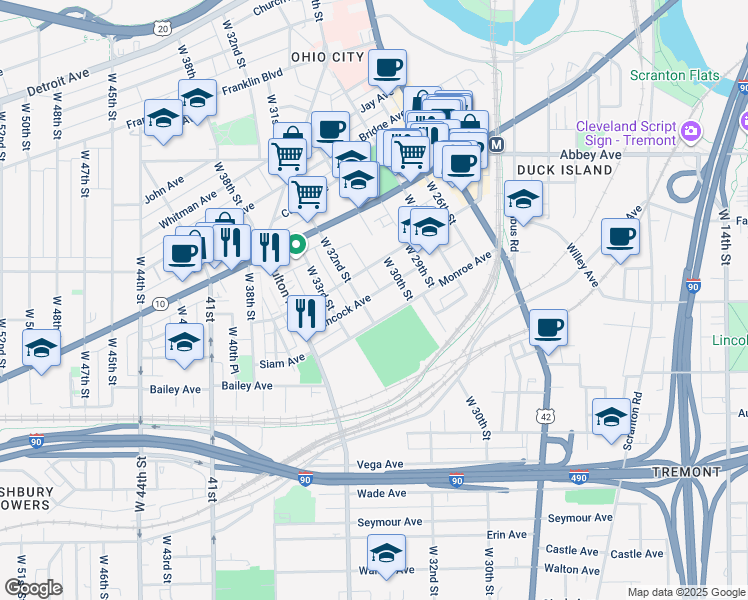 map of restaurants, bars, coffee shops, grocery stores, and more near 2217 West 32nd Street in Cleveland