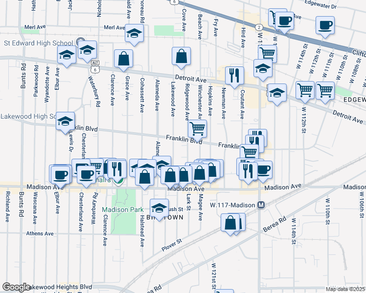 map of restaurants, bars, coffee shops, grocery stores, and more near 1566 Ridgewood Avenue in Lakewood