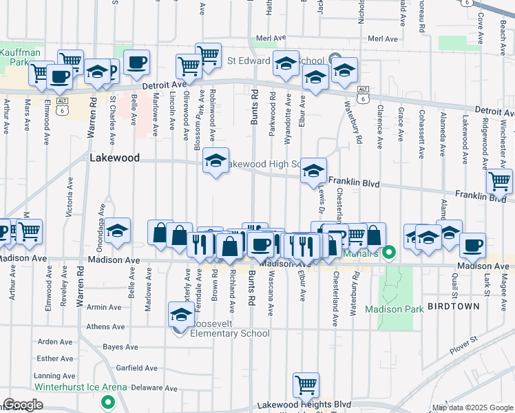 map of restaurants, bars, coffee shops, grocery stores, and more near 1614 Parkwood Road in Lakewood