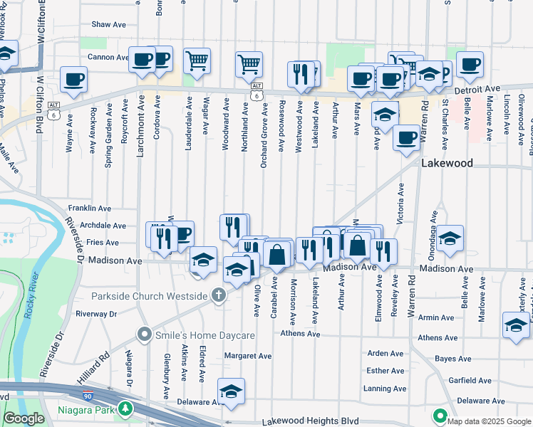 map of restaurants, bars, coffee shops, grocery stores, and more near 1602 Rosewood Avenue in Lakewood