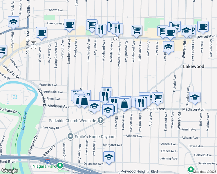 map of restaurants, bars, coffee shops, grocery stores, and more near 1607 Woodward Avenue in Lakewood