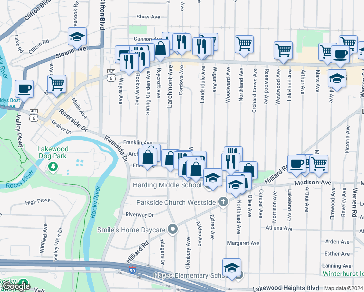 map of restaurants, bars, coffee shops, grocery stores, and more near 1612 Cordova Avenue in Lakewood