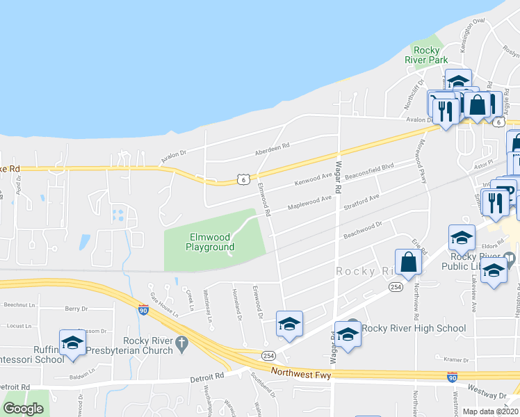 map of restaurants, bars, coffee shops, grocery stores, and more near 616 Elmwood Road in Rocky River