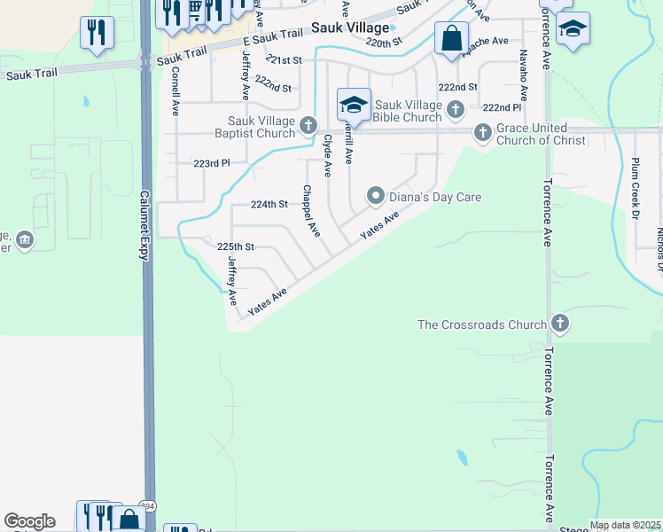 map of restaurants, bars, coffee shops, grocery stores, and more near 22481 Yates Avenue in Sauk Village