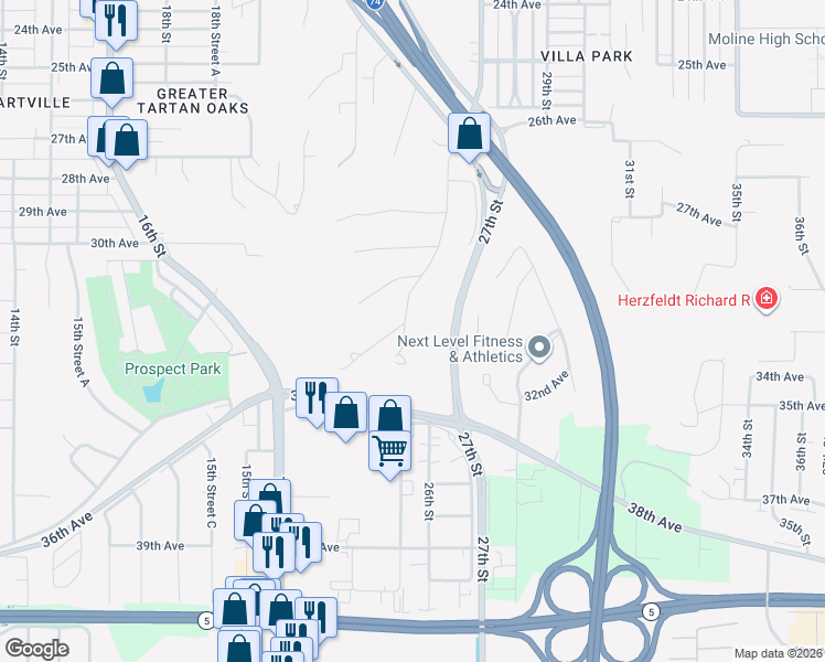 map of restaurants, bars, coffee shops, grocery stores, and more near 3200 26th Street in Moline